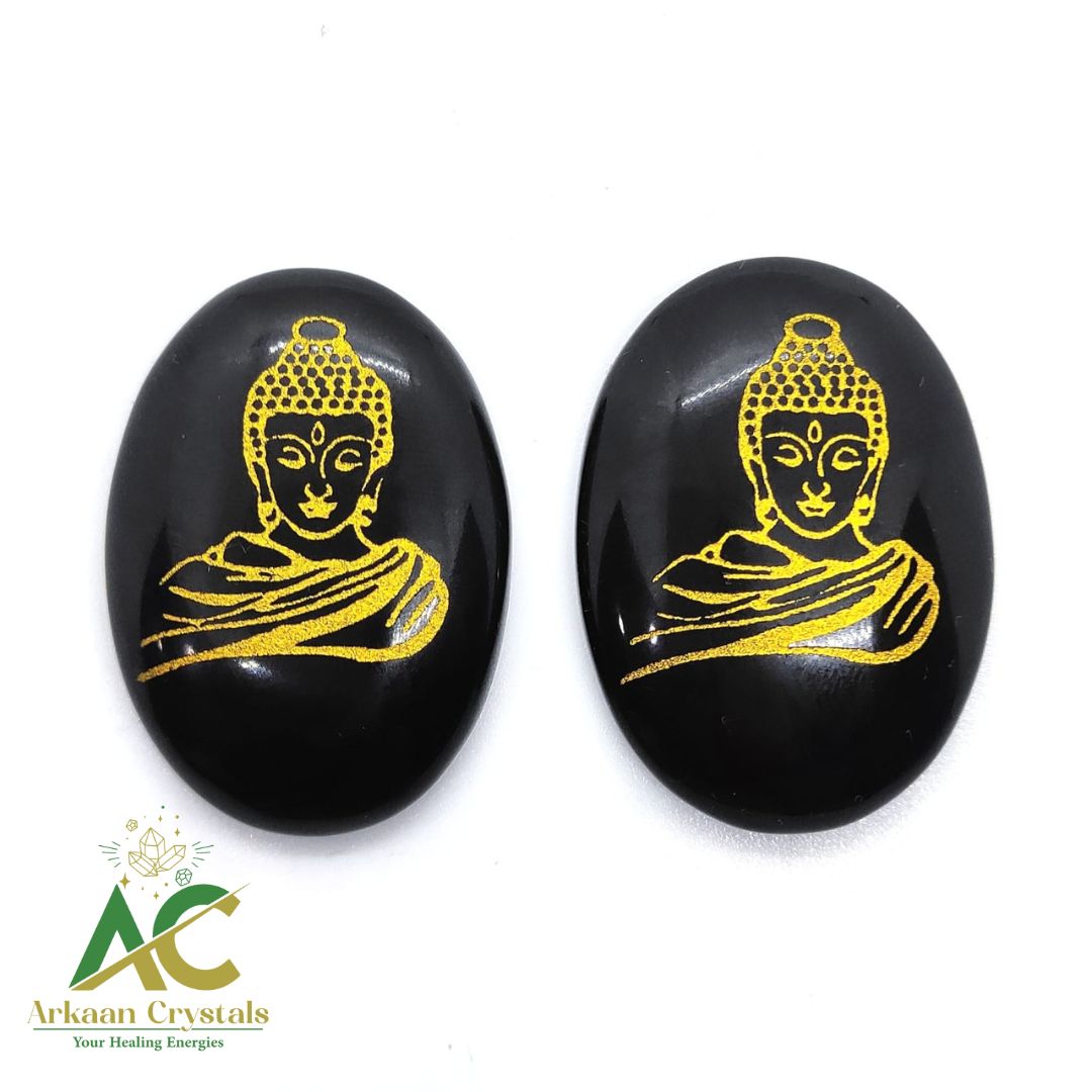 Black Agate Bhuddha Symbol Engraved Coin Natural With Certified