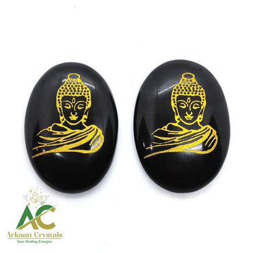 Black Agate Bhuddha Symbol Engraved Coin Natural With Certified