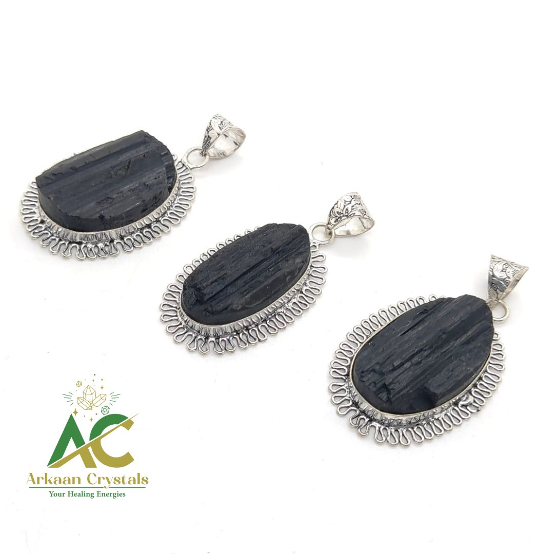Black Tourmaline Metal Pendant Natural With Certificate