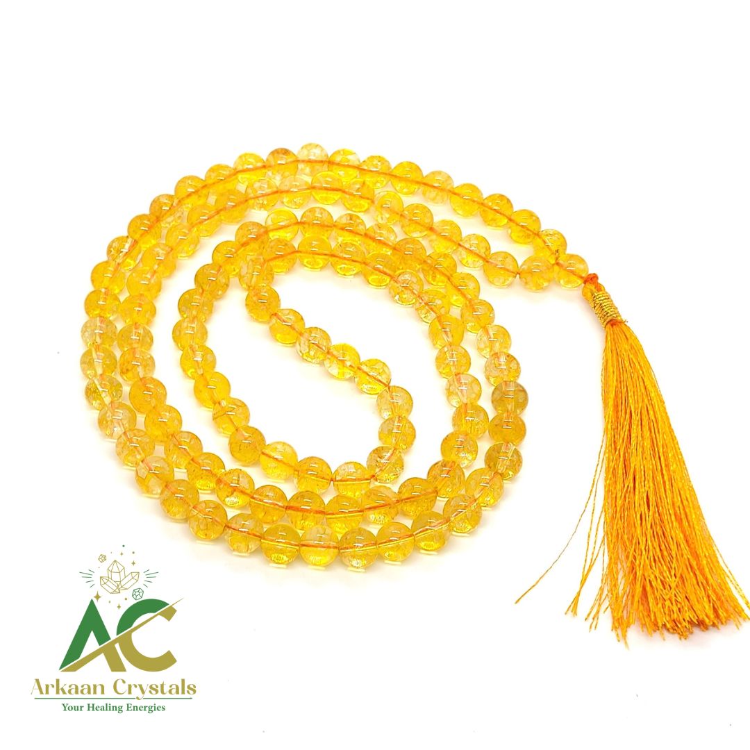 Natural Yellow Citrine 108+1 Jaap Mala | Wealth & Success Stone | Meditation & Pooja Mala With Certified