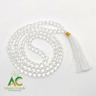 Clear Quartz (Sphatik) Natural Certified 108+1 Japa Mala | Meditation & Healing