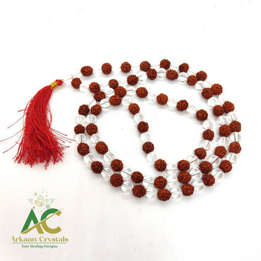 Clear Quartz With Rudraksh Natural With Certified Japa Mala 108 + 1 Beads