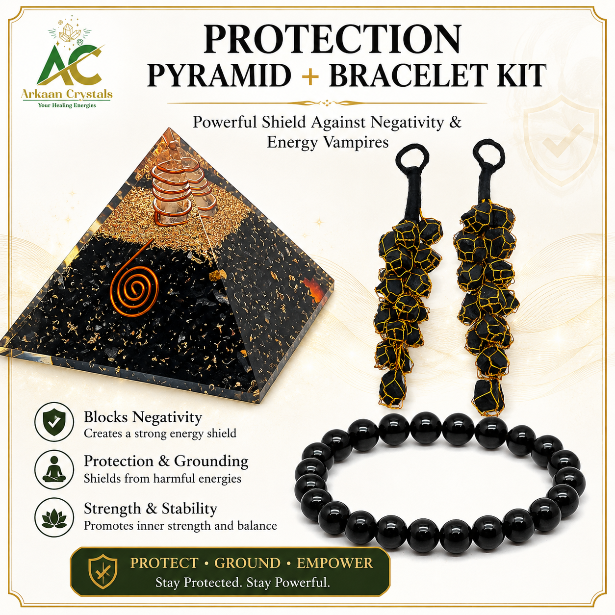Black Tourmaline Complete Protection Kit — Orgonite Pyramid + Door Hanging Pair + Bracelet