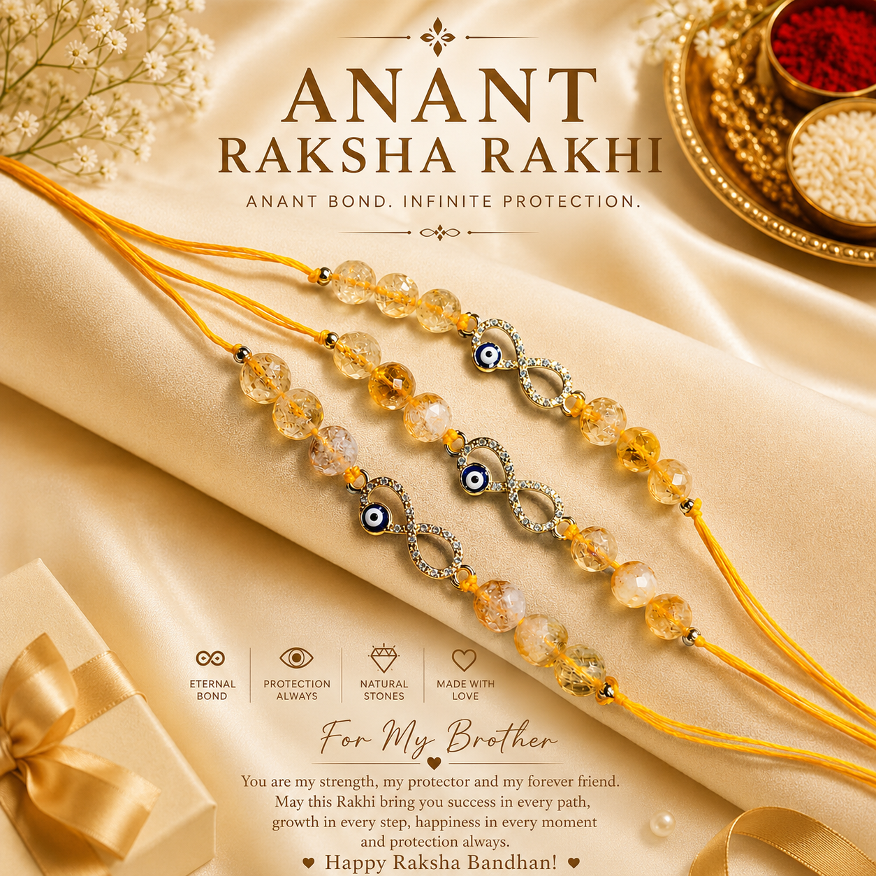 Anant Raksha Rakhi – Citrine Diamond Cut Beads with Infinity Evil Eye Charm, Pack of 3, displayed on golden silk fabric with puja thali