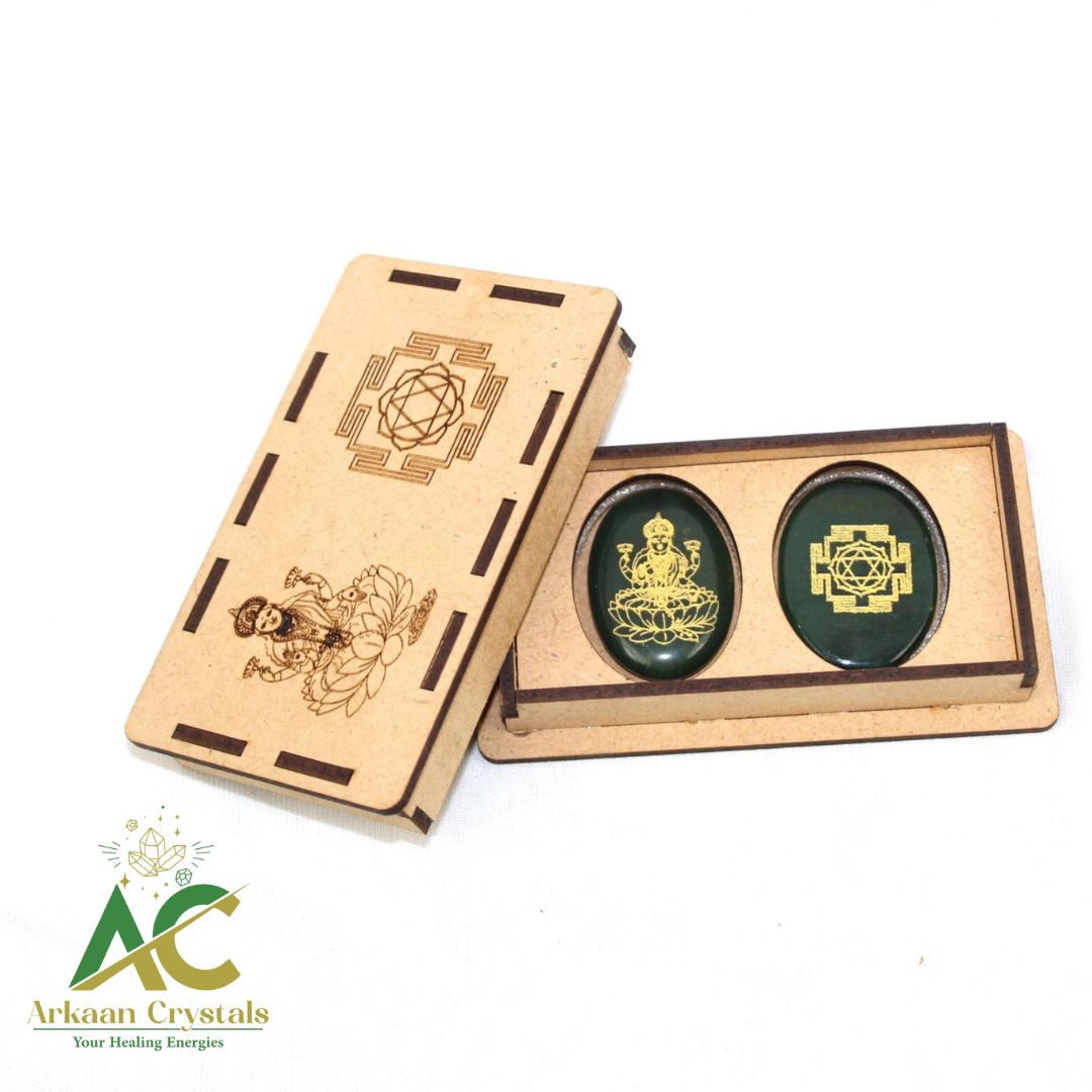 Green Jade Laxmi Ji Engraved Symbol Coin With Wood Box Natural With Certified