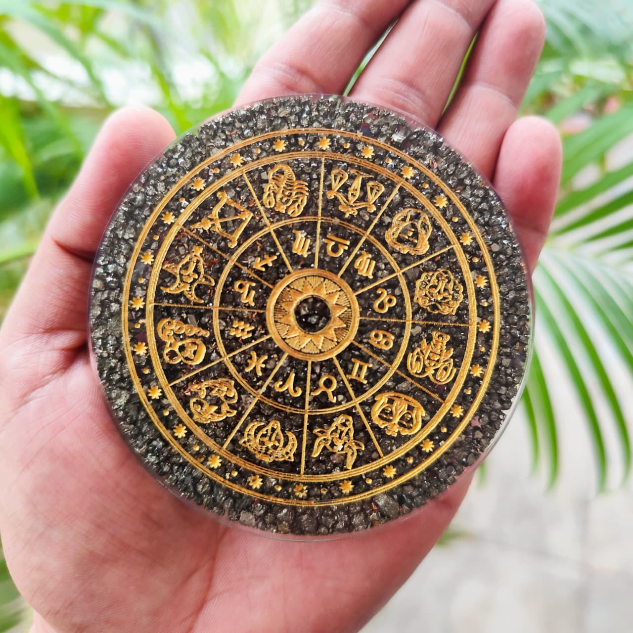 Peru Pyrite Zodiac Engraved Orgonite Coaster – Wealth & Protection Energy