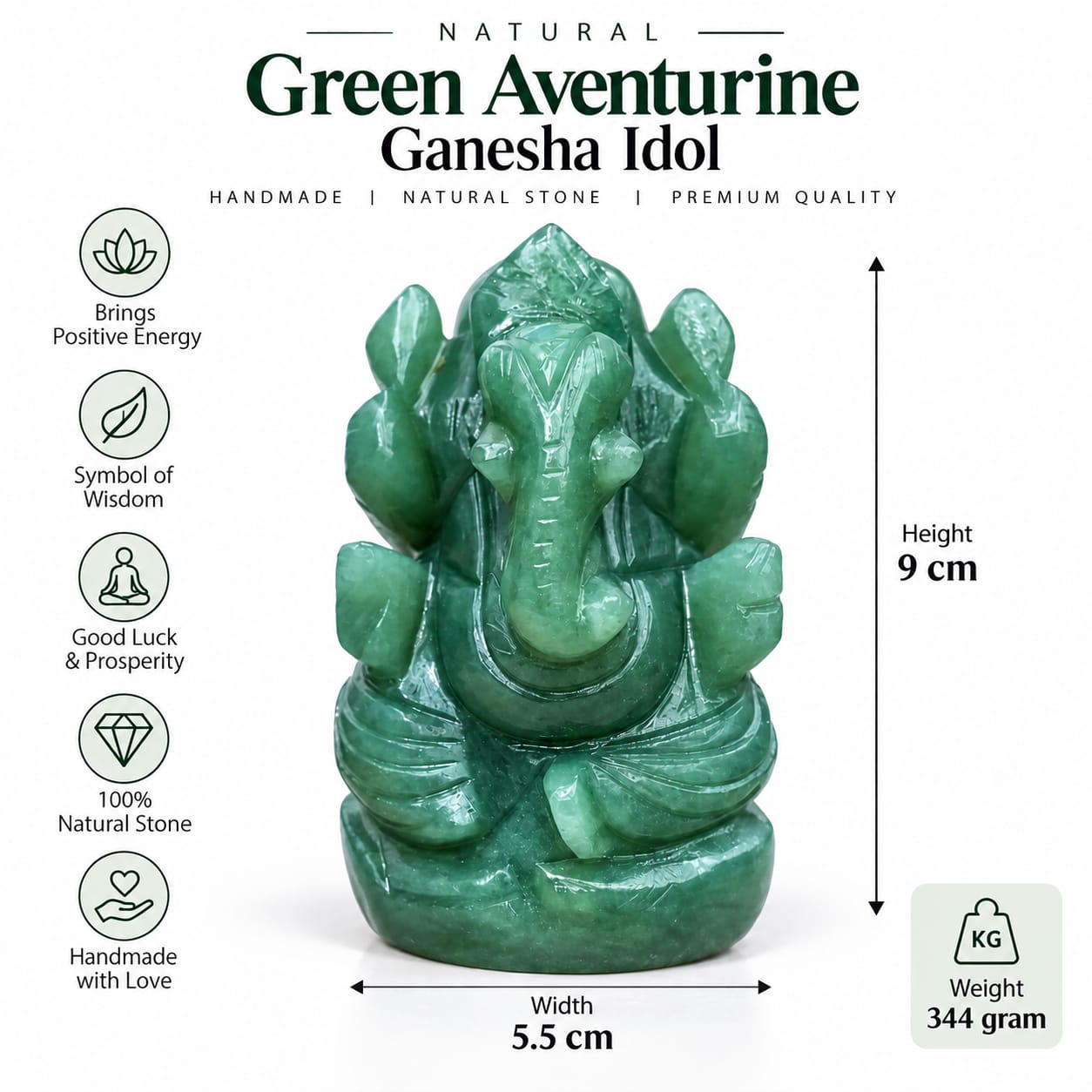 Natural Green Aventurine Ganesha Idol – Handmade, 9cm height, 344 grams