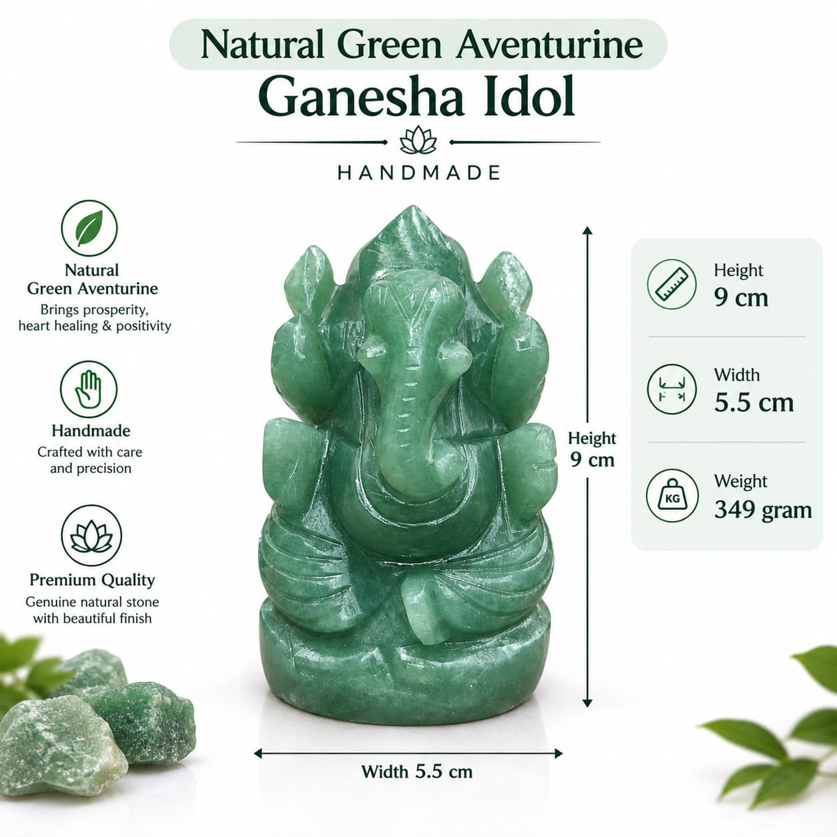 Natural Green Aventurine Ganesha Idol – Handmade, 9cm height, 349 grams