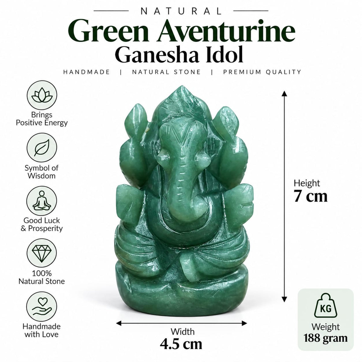 Natural Green Aventurine Ganesha Idol – Handmade, 7cm height, 188 grams