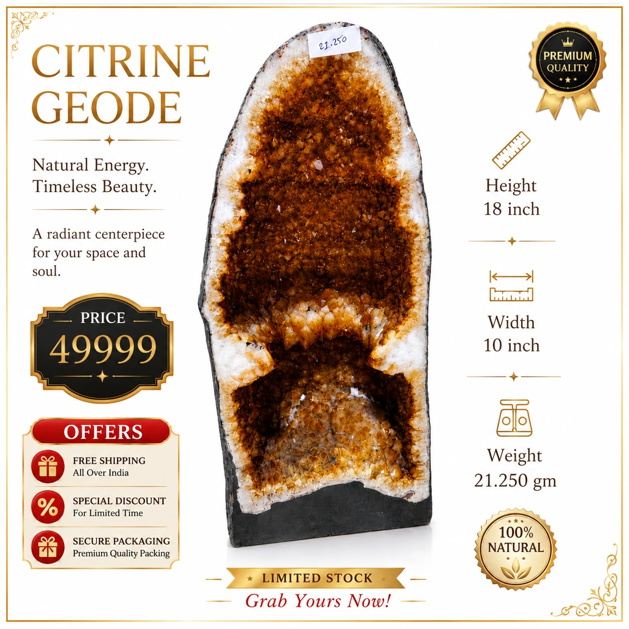 ⚡ LIMITED STOCK | Premium Citrine Geode Cave | 21.250 kg | 18 Inch | Free Shipping