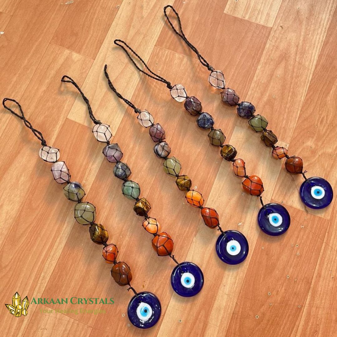 Sevan Chakra Tumble Stone Hanging With Evil Eye Natural With Certified