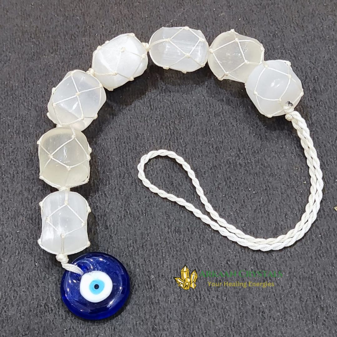 Selenite Tumble With Evil Eye Hanging Natural With Certified