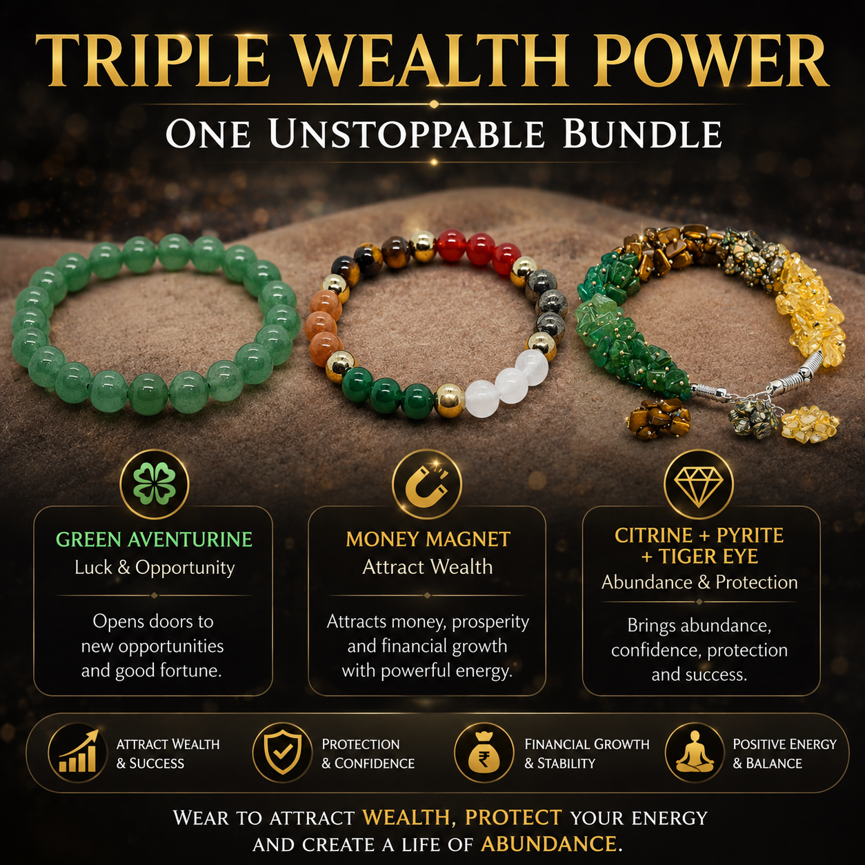 Wealth Attraction Bundle — Money Magnet + Dhan Vridhi + Green Aventurine Bracelets