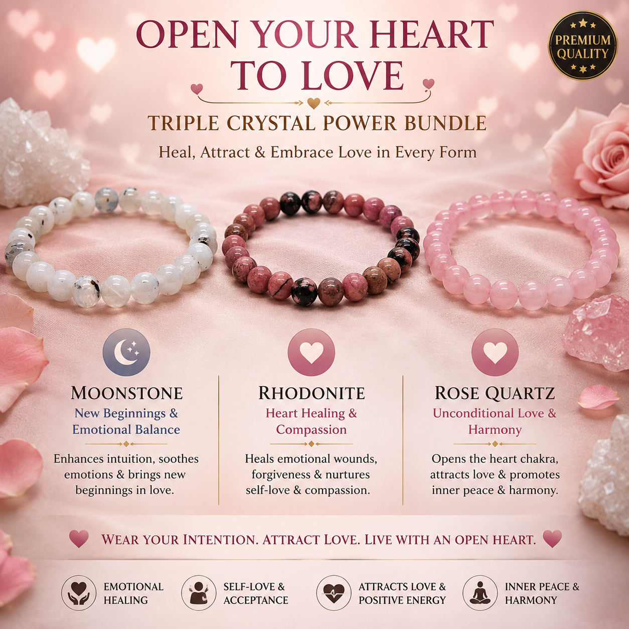 Love & Relationship Bundle — Rose Quartz + Rhodonite + Rainbow Moonstone Bracelets
