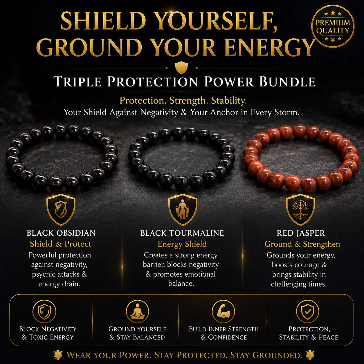 Protection & Grounding Bundle — Black Tourmaline + Black Obsidian + Red Jasper Bracelets
