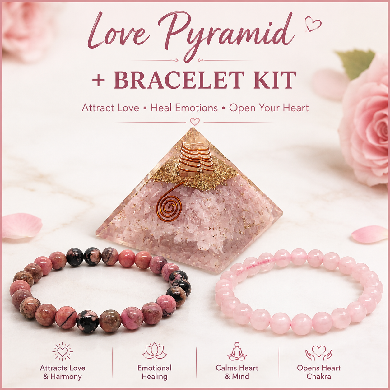 Love Pyramid + Bracelet Kit — Rose Quartz Orgonite Pyramid + Rose Quartz + Rhodonite Bracelets