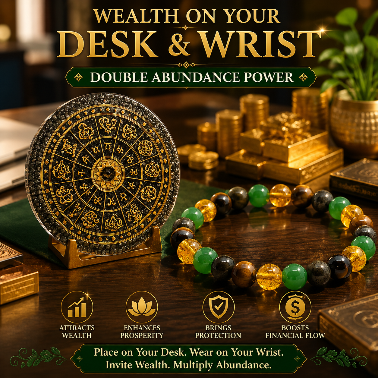 Wealth Coaster + Bracelet Kit — Peru Pyrite Zodiac Orgonite Coaster + Money Magnet Bracelet