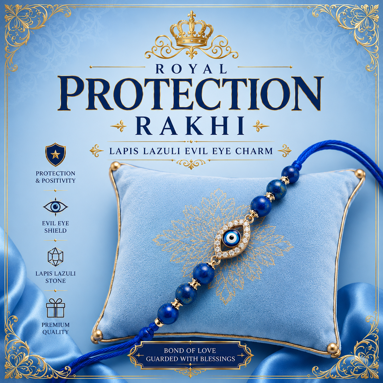 Royal Protection Rakhi with deep blue Lapis Lazuli star quality beads and premium gold-tone Evil Eye charm, displayed on royal blue velvet cushion