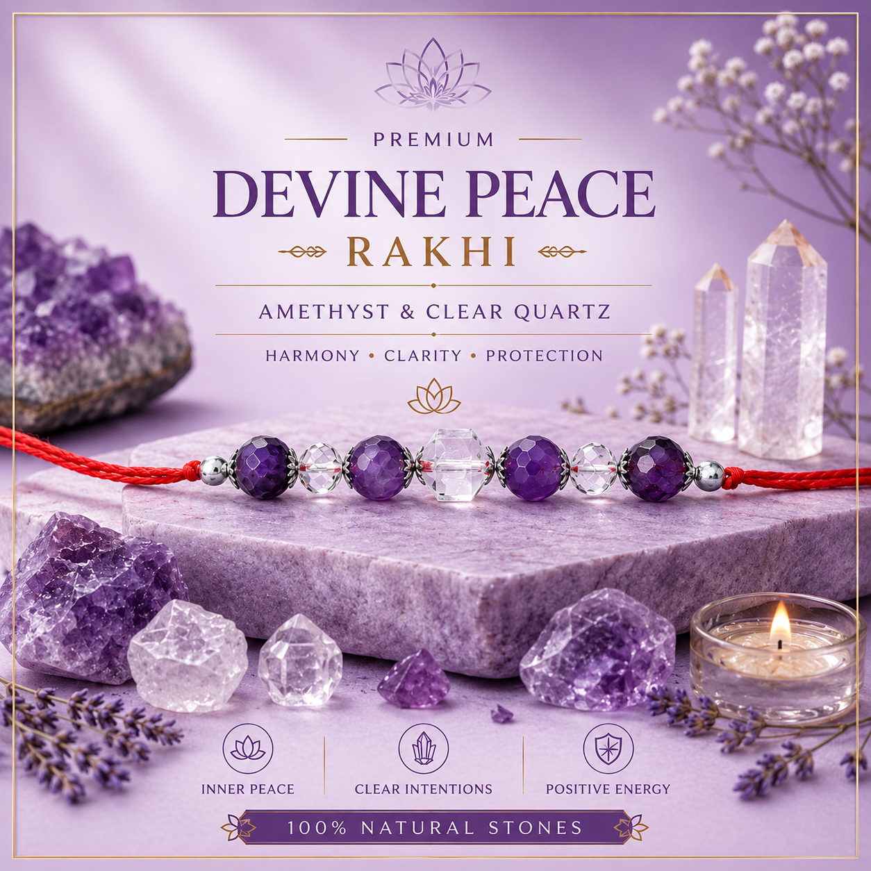 Divine Peace Rakhi with Diamond Cut Amethyst and Clear Quartz Beads with Drum Centrepiece – Premium Collection by Arkaan Crystals