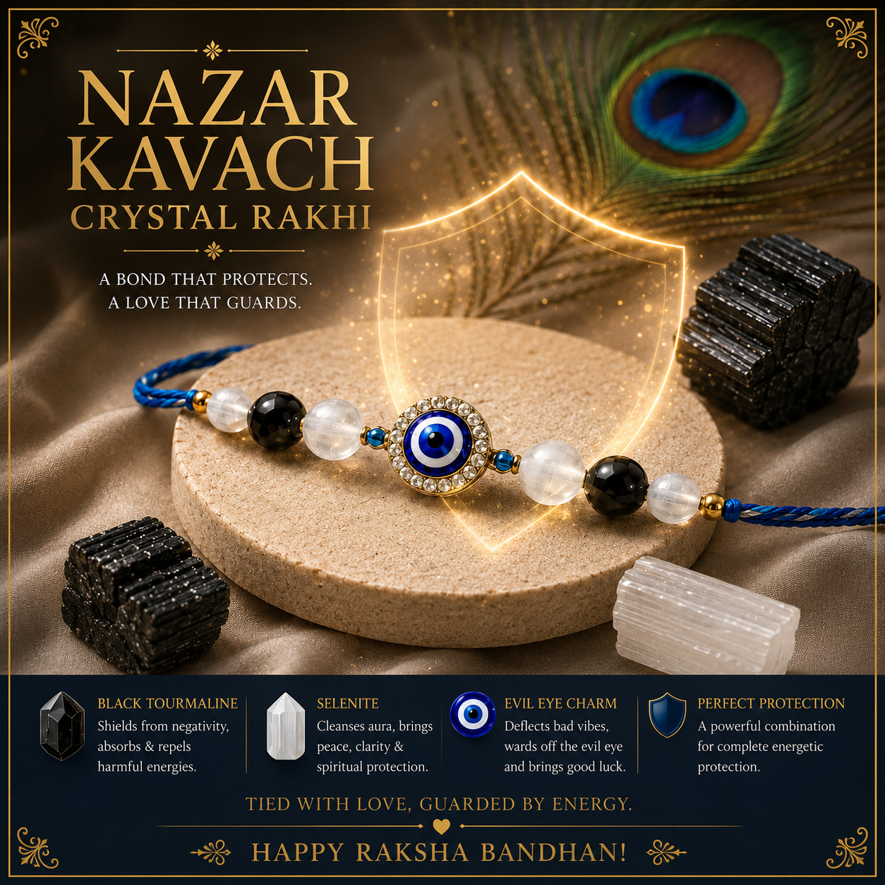 Nazar Kavach Crystal Rakhi with Black Tourmaline and Selenite Beads and Premium Evil Eye Charm – Arkaan Crystals