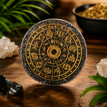 Peru Pyrite Zodiac Engraved Orgonite Coaster – Wealth & Protection Energy