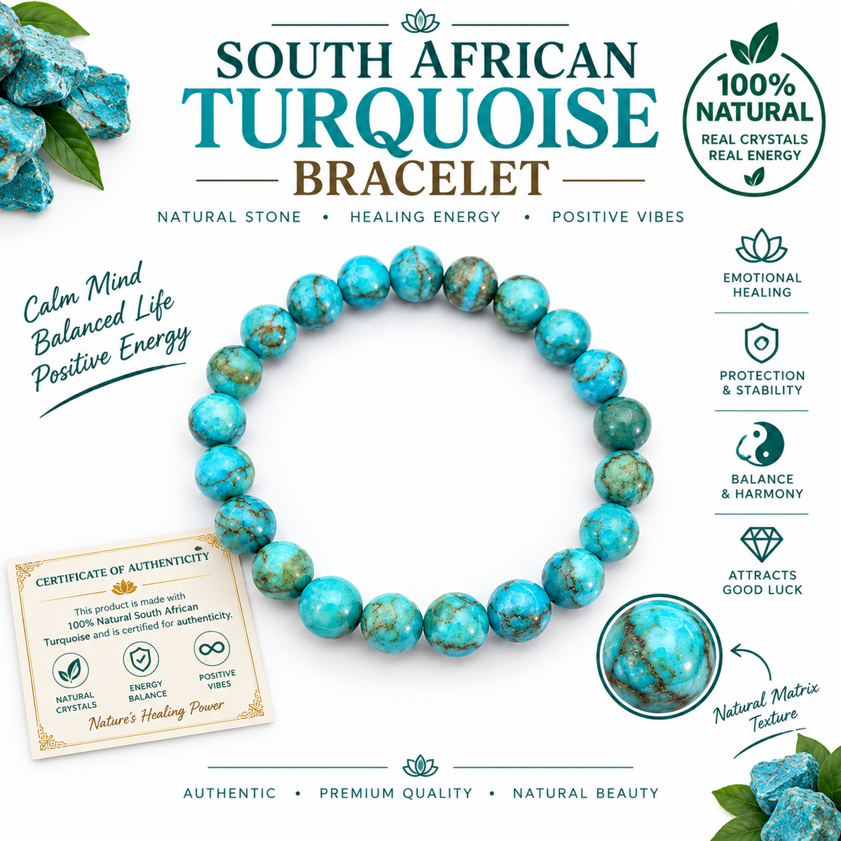 South African Turquoise Bracelet – 100% Natural Crystal with natural matrix texture, Certificate of Authenticity – Emotional Healing, Protection & Good Luck