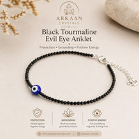 Black Tourmaline Evil Eye Anklet – Nazar Protection, Grounding & Good Luck | Certified |