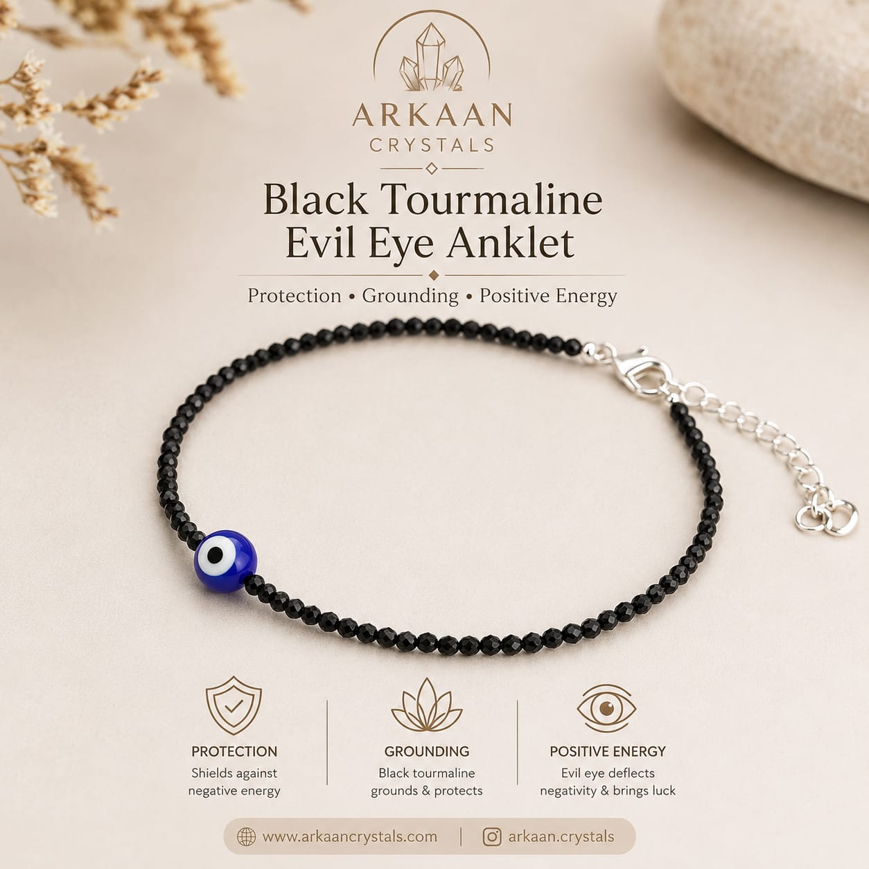 Black Tourmaline Evil Eye Anklet – Nazar Protection, Grounding & Good Luck | Certified | Pack of 2