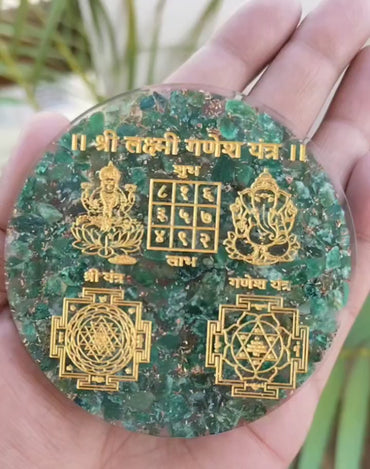 Green Jade Lakshmi Ganapathi Yantra Engraved Orgonite Plate