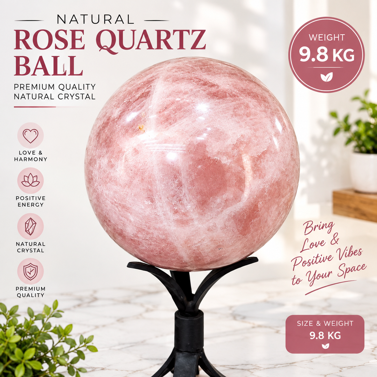 Natural Rose Quartz Ball – Premium Polished Sphere | 9.8 kg