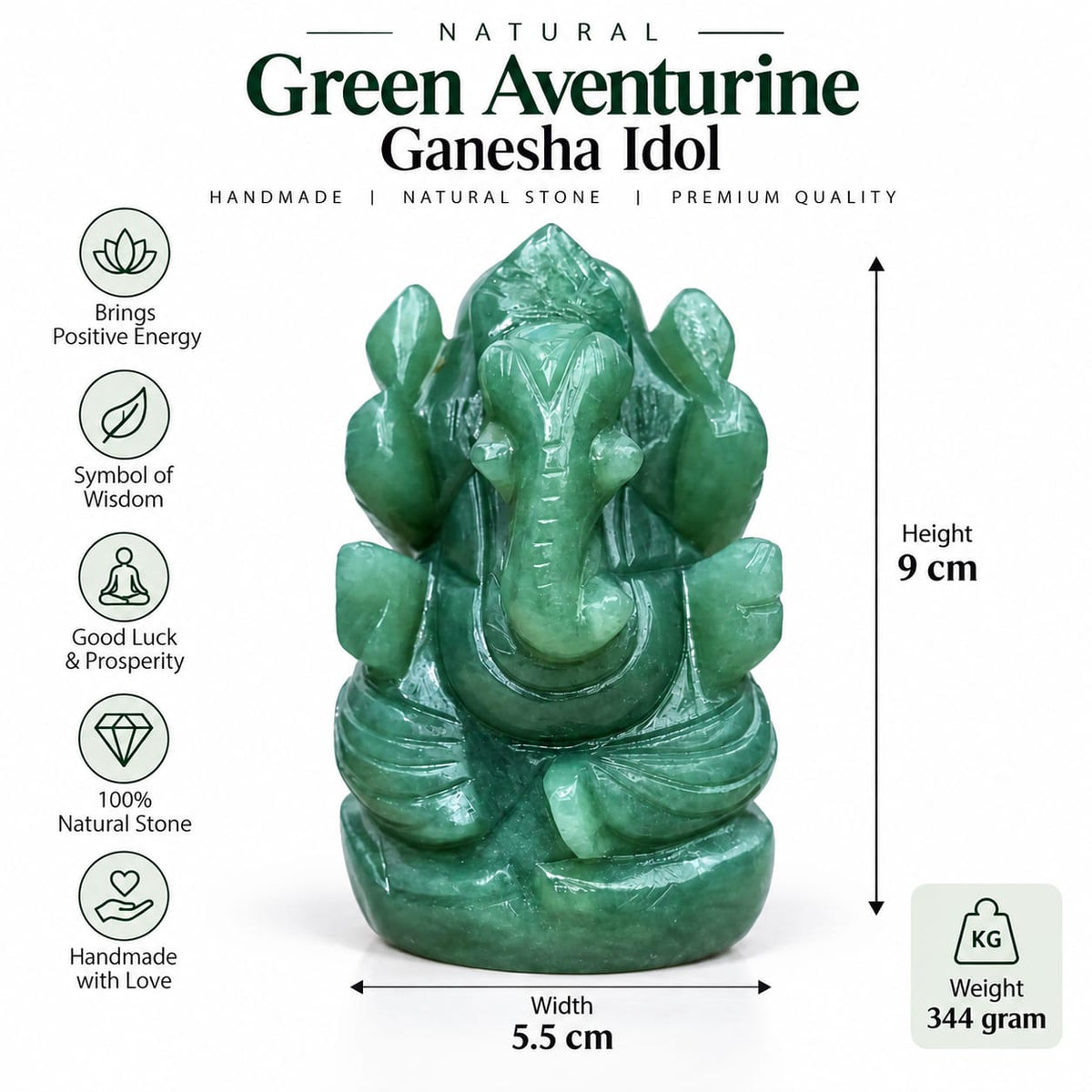 Natural Green Aventurine Ganesha Idol – Handmade, 9cm height, 344 grams