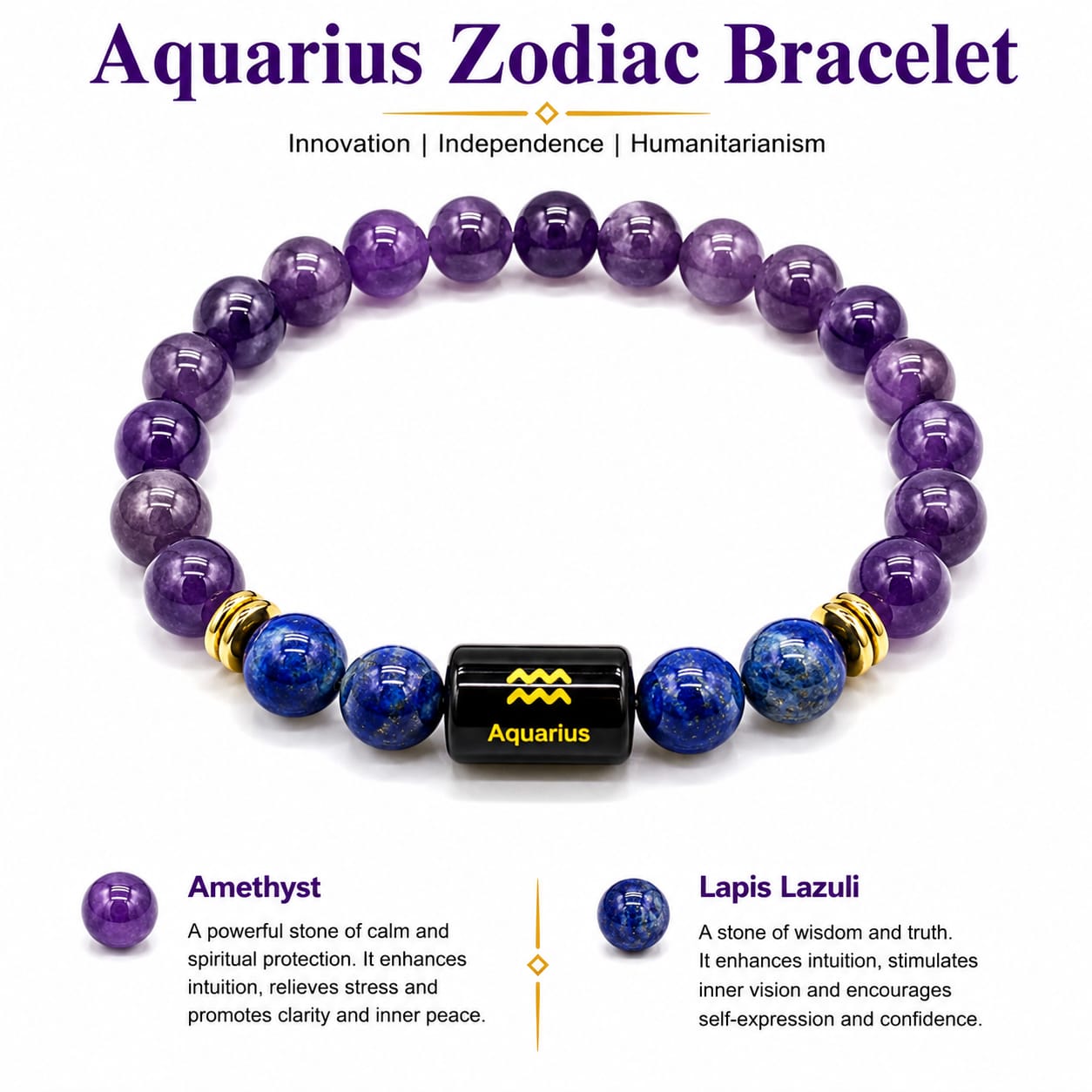 Aquarius Zodiac Bracelet with Amethyst and Lapis Lazuli crystals