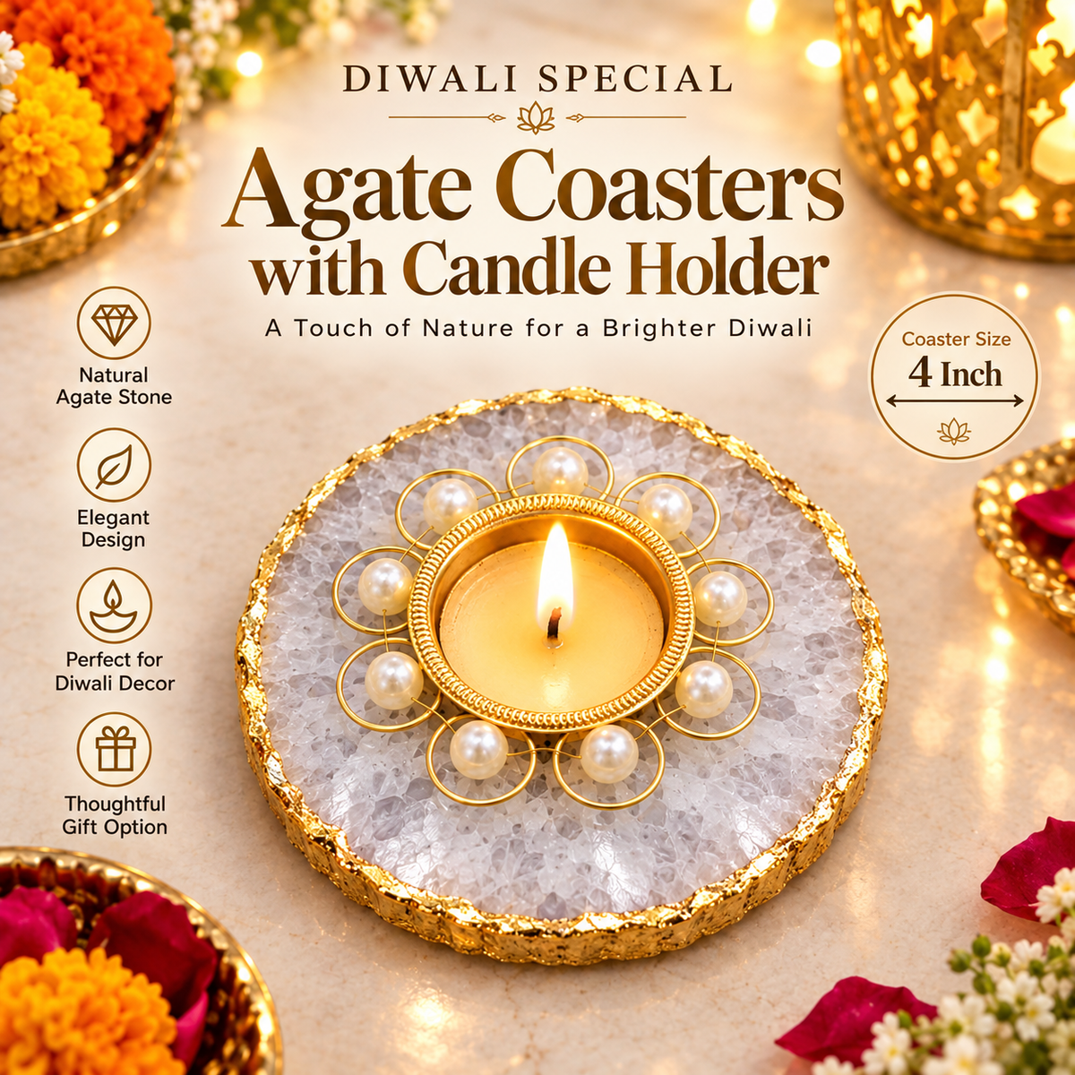 Diwali Special Agate Coaster with Candle Holder – 4 Inch