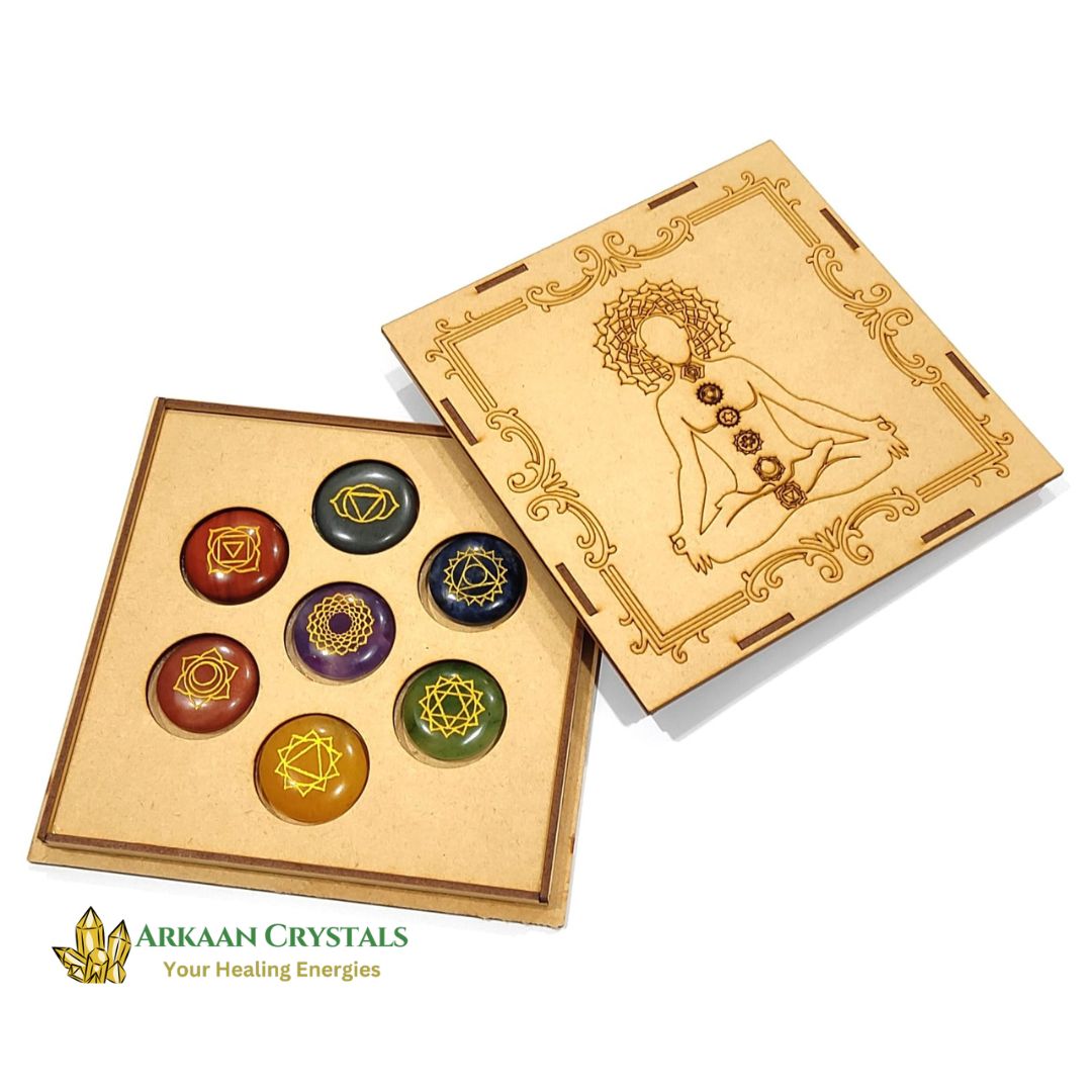 Seven Chakra Reiki Stone Set Natural With Certified Round Shaped With Mantra Box