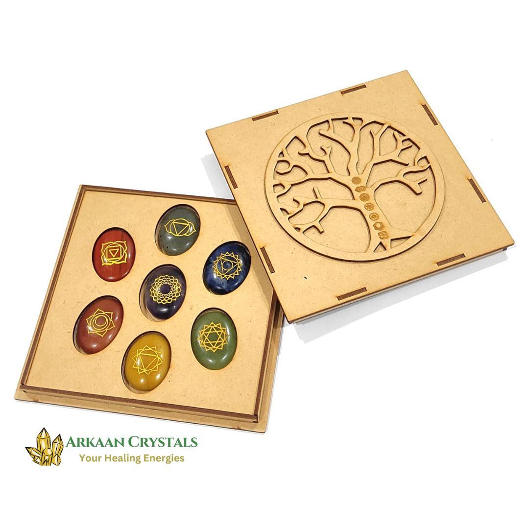 Seven Chakra Reiki Stone Set Natural With Certified Oval Shaped With Mantra Box