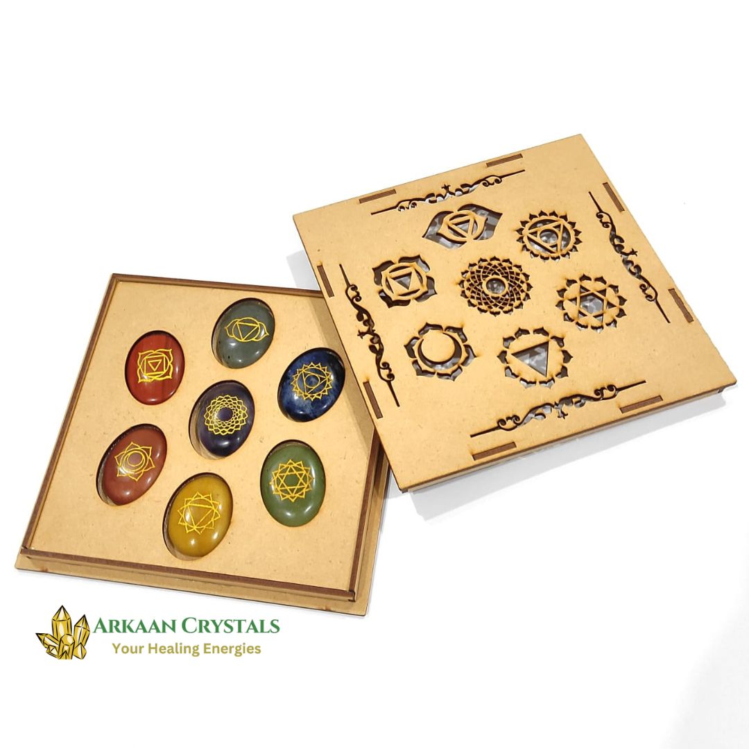 Seven Chakra Reiki Stone Set Natural With Certified Oval Shaped With Mantra Box